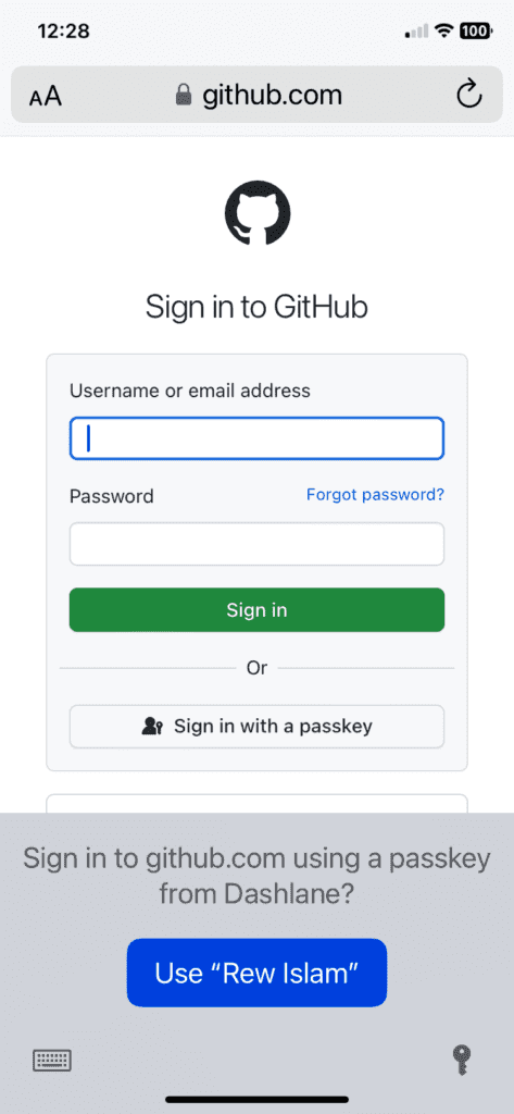 A screenshot of the GitHub sign-in screen on mobile. There is an option to “Sign in with a passkey.”