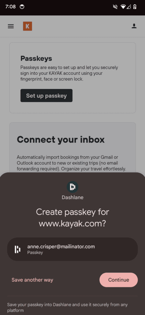 An image of a Dashlane pop-up asking if the user would like to create a passkey for their Kayak.com account or if they would like to save another way. Text at the bottom of the screen notes that if they save their passkey into Dashlane, they can use it securely from any platform. 
