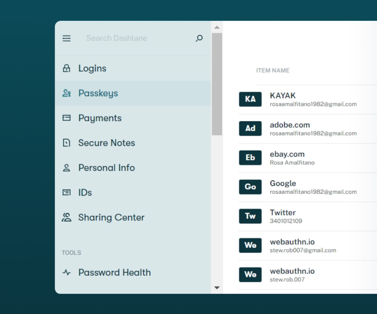Image showing the user interface of Dashlane product with Passkeys feature highlighted