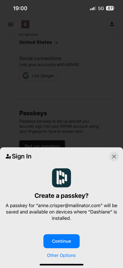 An image of Dashlane pop-up, asking the same user if they want to create and save a passkey for their Kayak.com account that will be available on devices where Dashlane is installed or if they want to select another option. 