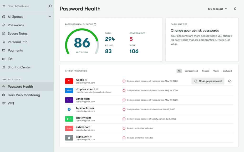 Capture d'écran du score de sécurité de Dashlane dans l'application de bureau.