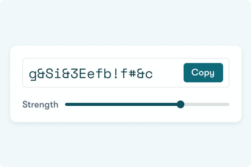 Example of the password generator in action with sample password and strength indicator and option to copy the password created
