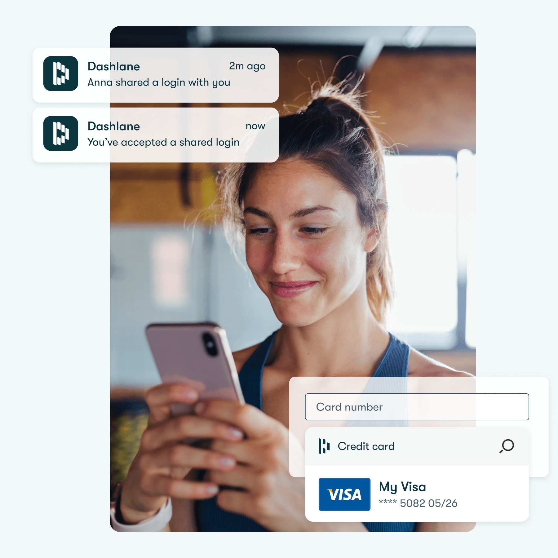 Image of woman happily looking at her mobile phone with Dashlane example notifications and features surrounding the image
