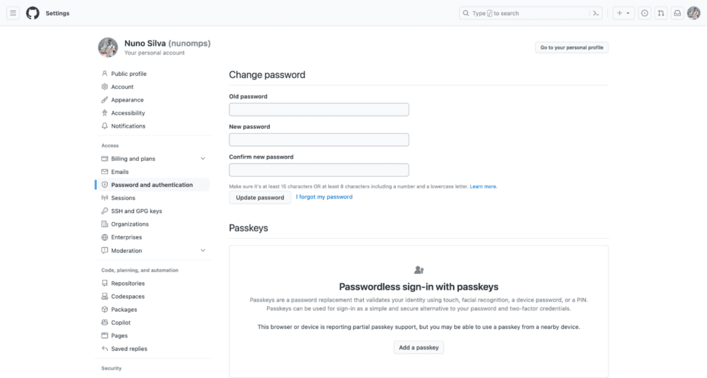 Screenshot of GitHub’s Password and authentication page in account settings.