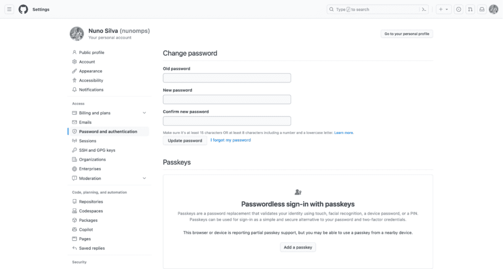 Screenshot of GitHub’s Password and authentication page in account settings.