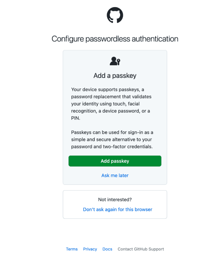 Screenshot of a GitHub prompt encouraging users to add a passkey with options to add a passkey, be reminded again later, or not to be asked again.