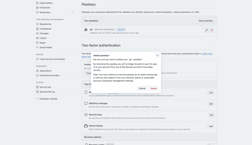 Screenshot of the confirmation prompt GitHub shows when a user attempts to delete a passkey.