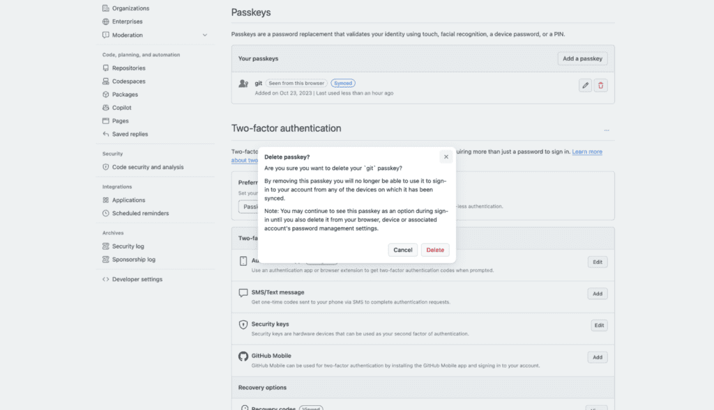 Screenshot of the confirmation prompt GitHub shows when a user attempts to delete a passkey.