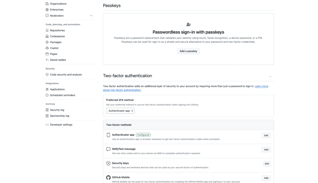 Screenshot of GitHub’s account settings, showing a prompt for users to add a passkey for passwordless sign-in.