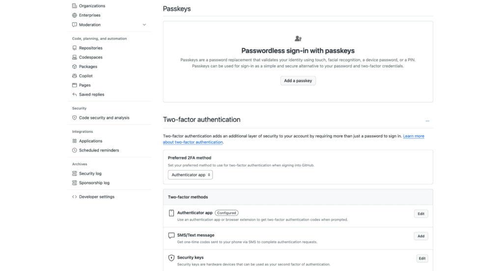 Screenshot of GitHub’s account settings, showing a prompt for users to add a passkey for passwordless sign-in.