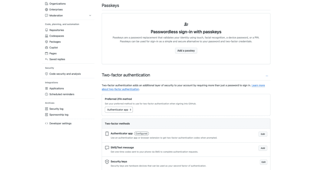 Screenshot of GitHub’s account settings, showing a prompt for users to add a passkey for passwordless sign-in.