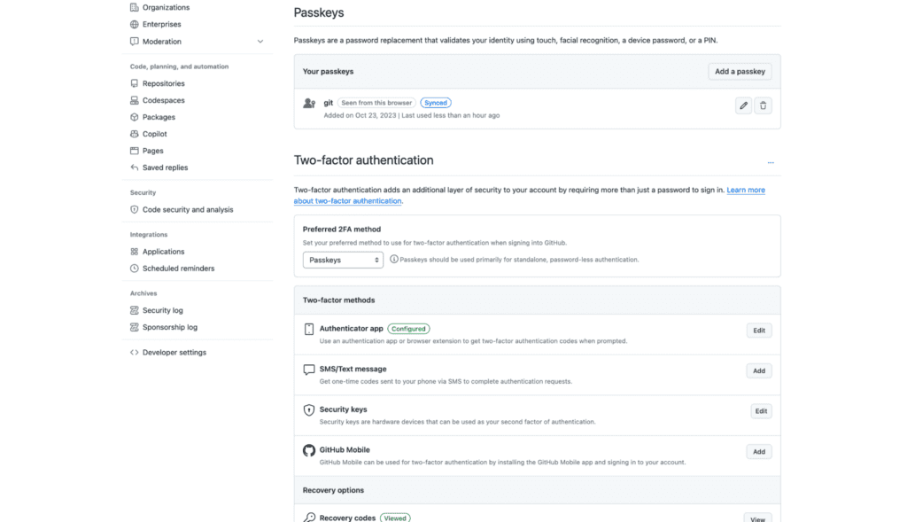 Screenshot of GitHub’s account settings showing a user’s passkey with a Synced label.