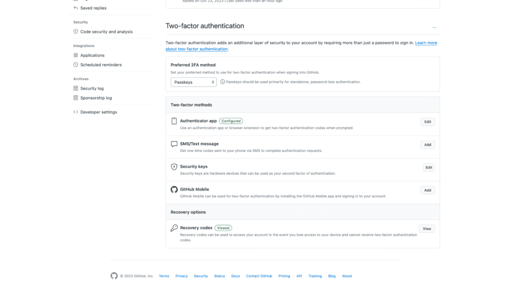 Screenshot of GitHub’s settings showing passkeys as the preferred 2FA method.