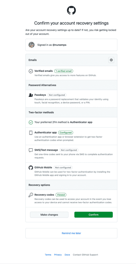 Screenshot of GitHub’s account recovery settings showing passkeys under the Password Alternatives section.