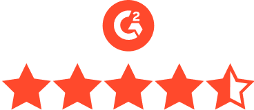 A red and white graphic of Dashlane’s G2 rating. 5 stars appear below the circular red and white G2 logo, and 4.5 stars are