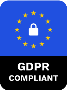 A rectangular badge with rounded corners. Yellow stars encircle the image of a white lock at the top. At the bottom, the words GDPR Compliant appear in white letters on a black background.