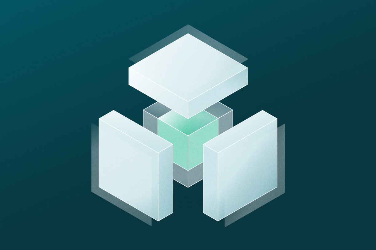 Blue and green abstract isometric illustration representing business data being protected by moving walls