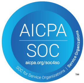 A blue circular badge from The American Institute of Certified Public Accountants. The words AICPA, SOC, and SOC for Service Organizations appear in white letters, along with a link to aicpa.org/soc4so.