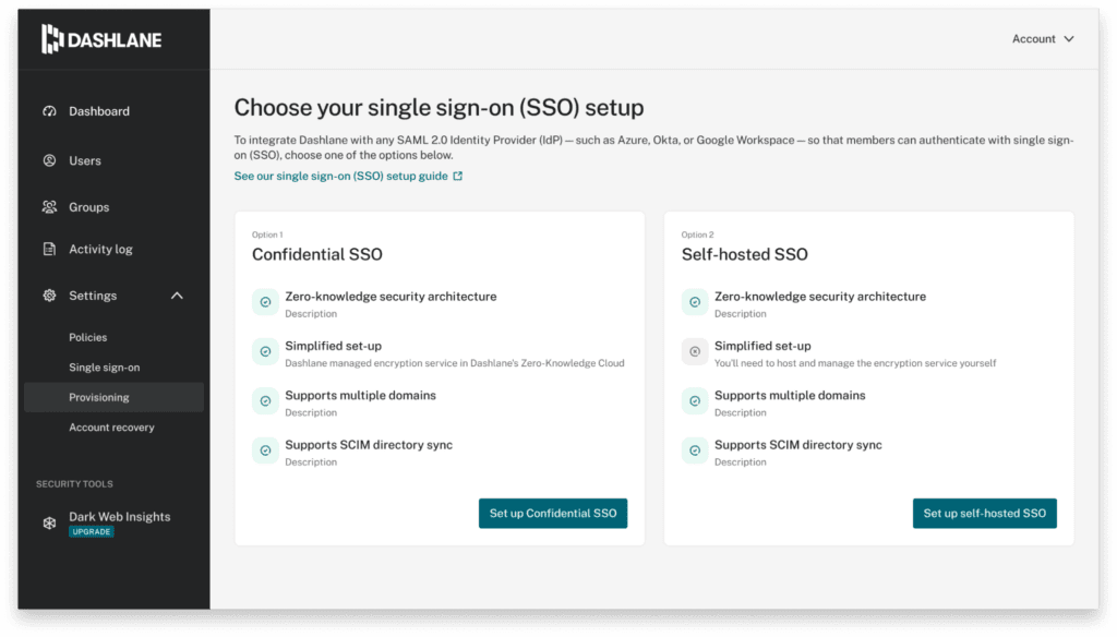 A page that prompts the admin to choose between Confidential SSO or Self-hosted SSO. 
