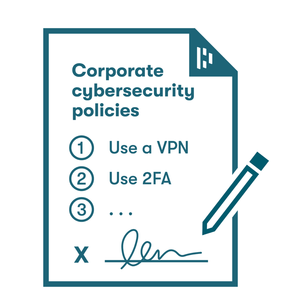 Graphic of an icon representing a PDF handout from an employer with a list of recommended security practices, including using a VPN and 2FA (2-factor authentication).