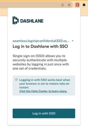 The Dashlane SSO login screen, which explains how to log into Dashlane with SSO. Single sign-on (SSO) allows you to securely authenticate with multiple websites by logging in just once with a set of credentials.