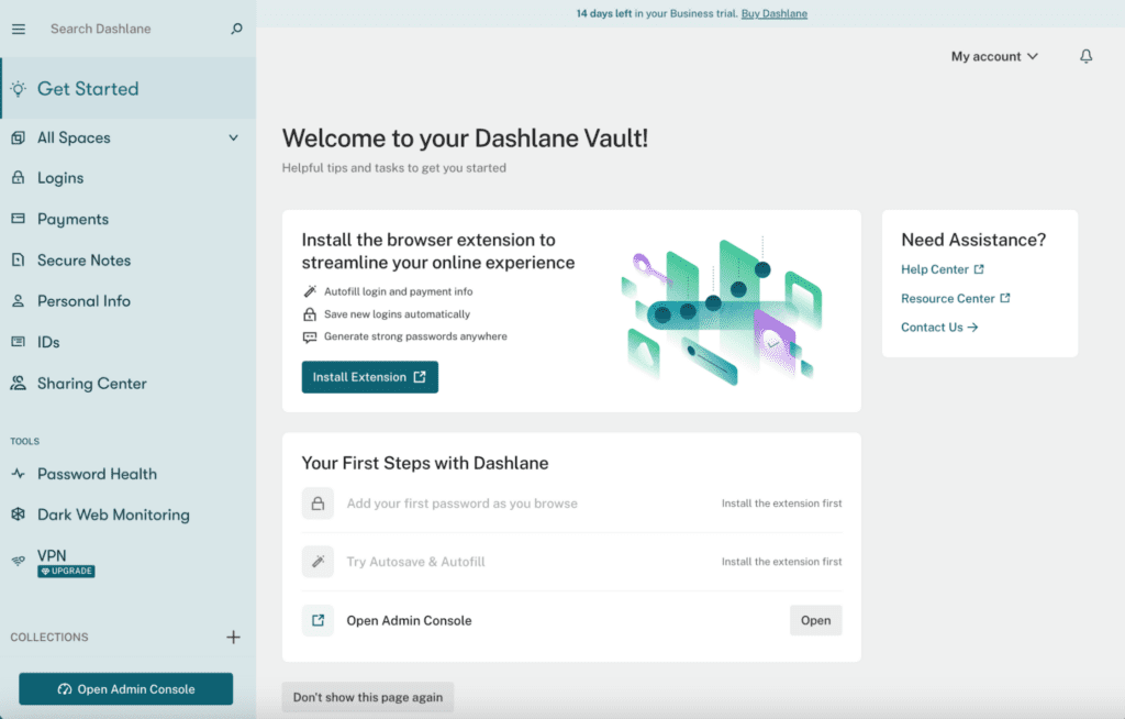 The Get started setup in the Dashlane vault, which shows the first steps an admin can take with Dashlane.