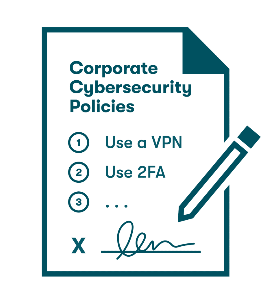 Graphic of an icon representing a PDF handout from an employer with a list of recommended security practices for work-from-home employees, including using a VPN and 2FA (2-factor authentication).