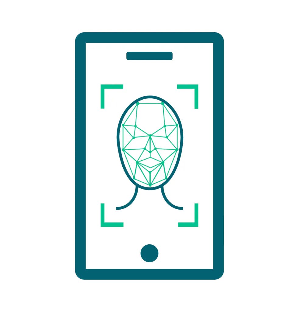 A graphic of facial recognition on a mobile phone as an example of a biometric authentication factor.