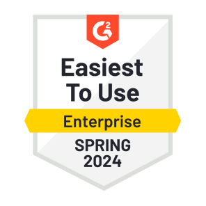 A red and yellow graphic of G2’s “Easiest To Use - Enterprise” badge that Dashlane was awarded in spring 2024