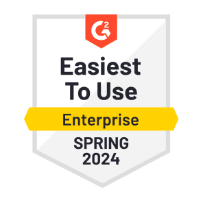 A red and yellow graphic of G2’s “Easiest To Use - Enterprise” badge that Dashlane was awarded in spring 2024