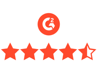A red and white graphic of Dashlane’s G2 rating. 5 stars appear below the G2 logo, and 4.5 stars are filled in to show Dashlane’s 4.5-star rating