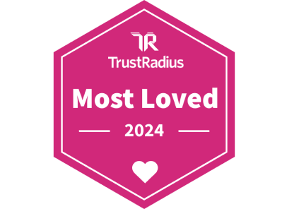 A pink and white graphic of TrustRadius’s “Most Loved” award that Dashlane received in 2024