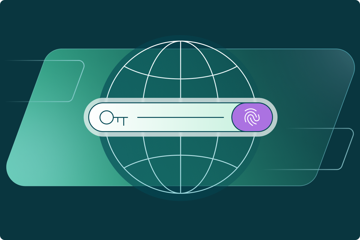 An illustration of a dark green globe with white lines and a white stylized login input field in the middle. On the left side of the login input field is a gray key, and on the right side is a purple and white fingerprint, indicating that Dashlane protects both traditional passwords and newer passwordless authentication methods like passkeys.