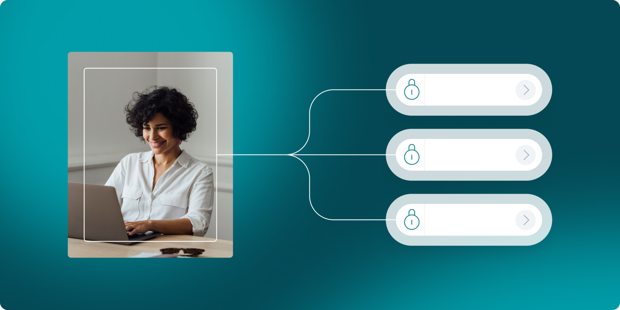 Graphic with a blue gradient background featuring an image of a woman on her laptop connected to three login fields, representing the secure enclaves that power Dashlane’s Confidential SSO & Provisioning integrations