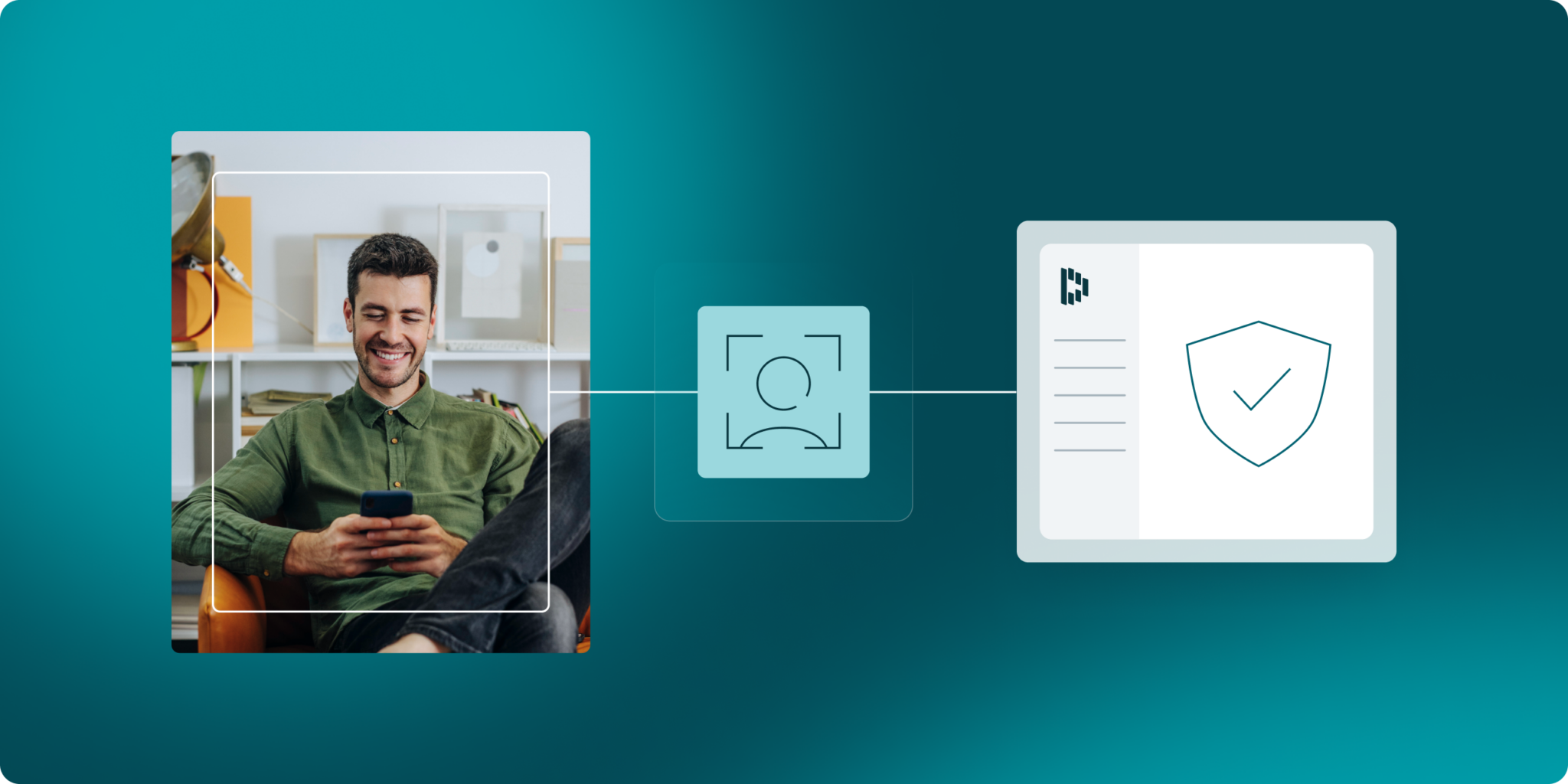 Graphic with a blue gradient background featuring an image of a smiling man on his phone connected to a simplified version of the Dashlane vault, representing accessing Dashlane without a Master Password