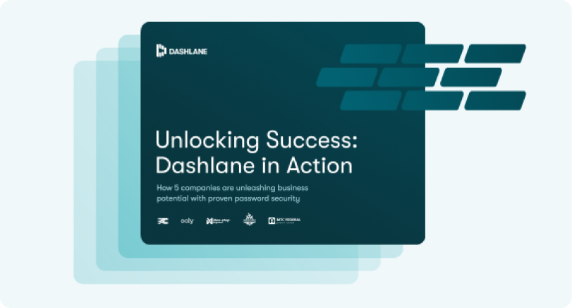 Blue and white graphic of the cover page of Dashlane’s e-book that features 5 customer success stories