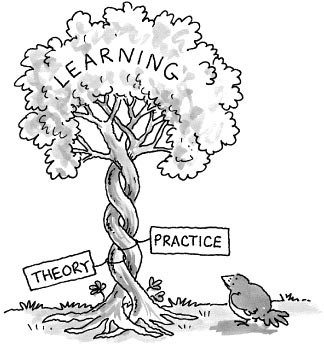 Two trees, one labeled "theory" and one labeled "practice" intertwine from their roots to their foliage while a bird looks on from the ground.