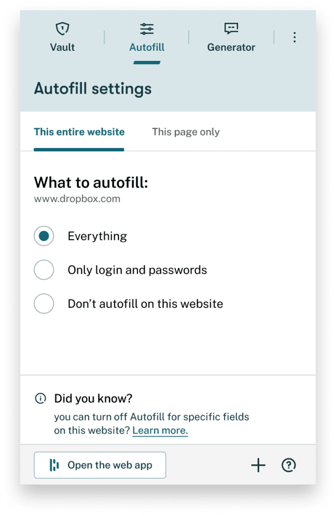 Screenshot of Dashlane's autofill settings in the extension where you can set what to autofill (everything, only logins and passwords, or don't autofill on this website).