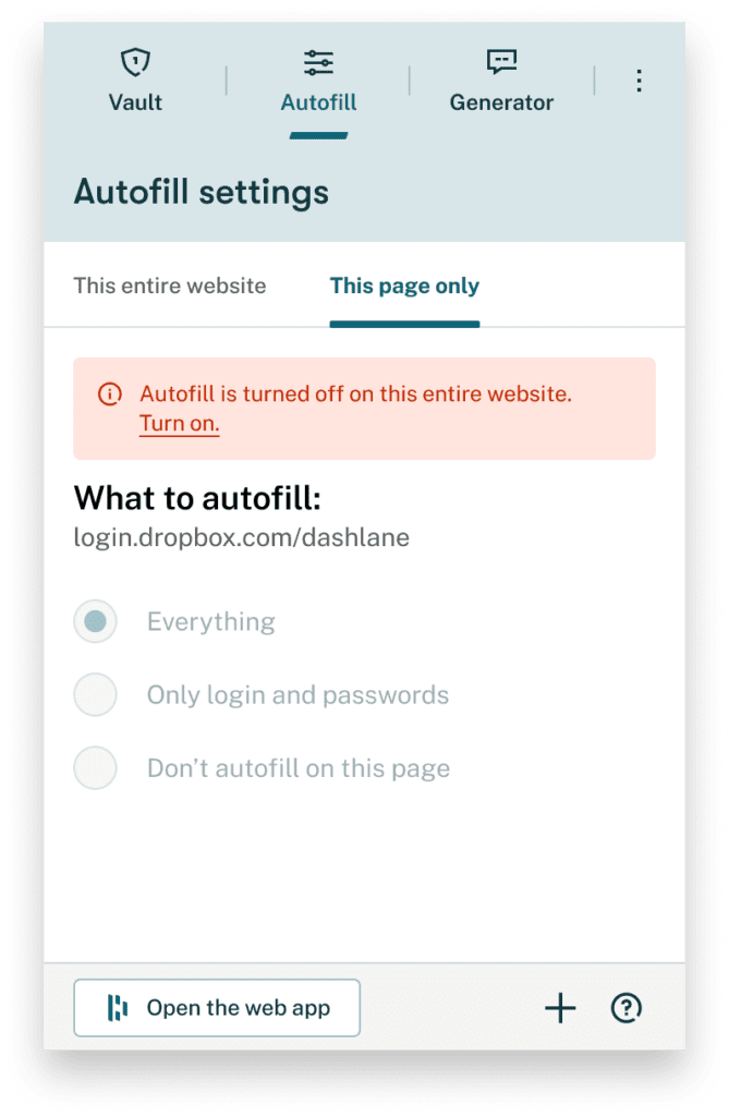 Screenshot of Dashlane's autofill settings in the extension where you can turn autofill off for certain sites.