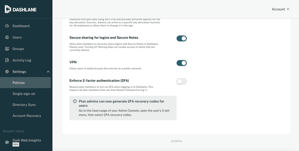 A screenshot of the Dashlane Admin Console showing an informational message. The message reads, “Plan admins can now generate 2FA recovery codes for users. Go to the Users page of your Admin Console, open the user's 3-dot menu, then select 2FA recovery codes.”