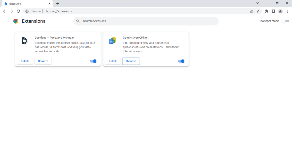 Screenshot of Google Chrome Extensions page showing the list of installed extensions with options to see their details and remove the extensions.