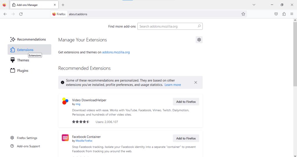 Screenshot of the Add-ons Manager page of Mozilla Firefox.