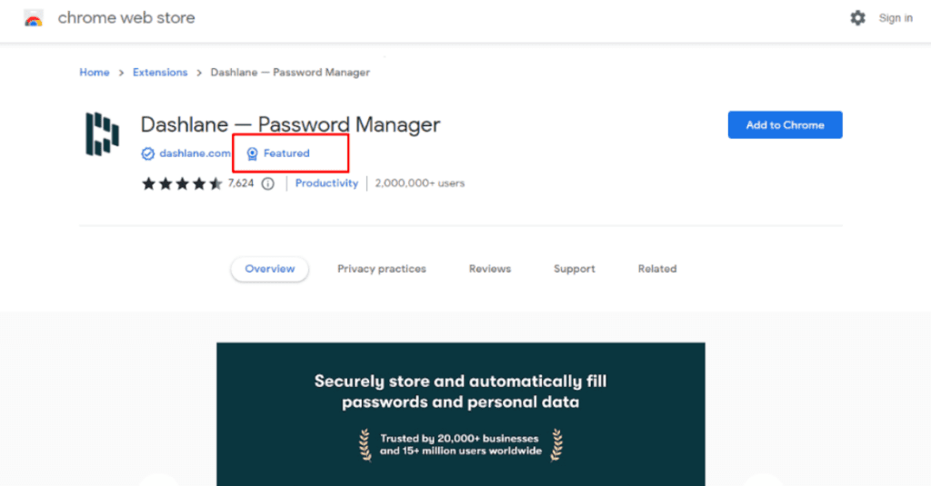 Screenshot of the Chrome Web Store showing the Dashlane browser extension with a “Featured” badge.