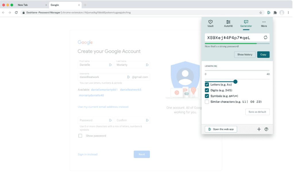 A screenshot of the Password Generator in the Dashlane extension pop-up.