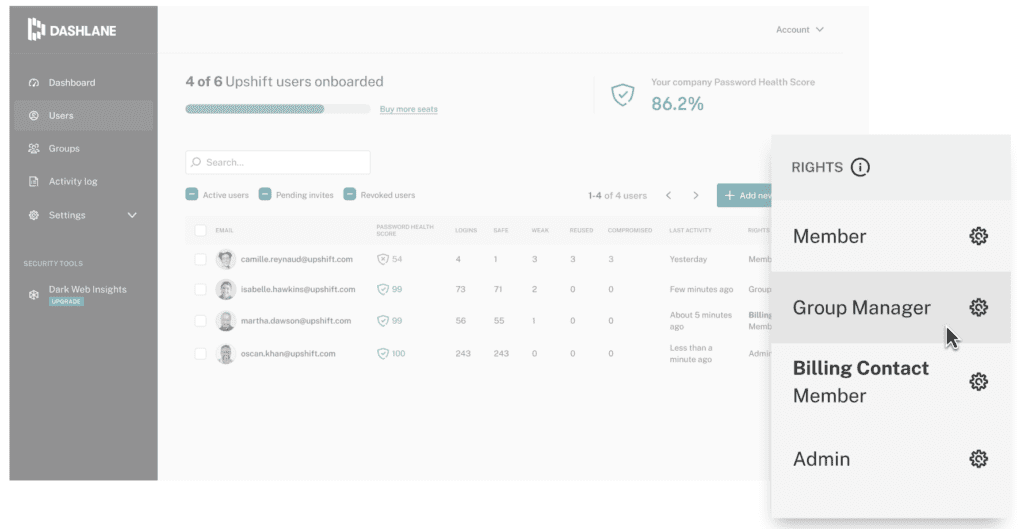 A screenshot of the Admin Console in Dashlane.