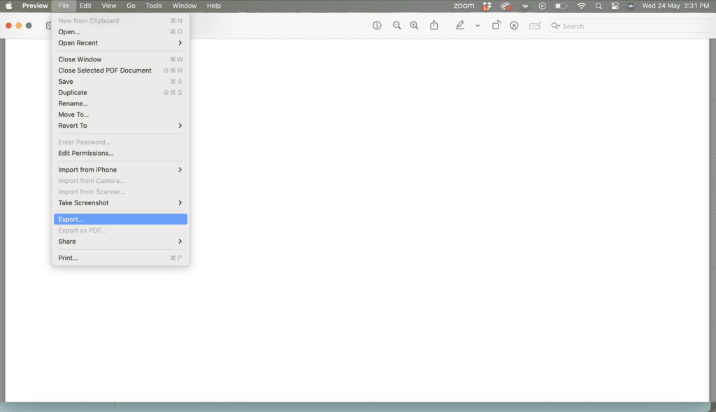 A screenshot of the Mac Preview app with Export selected in the File drop-down menu.