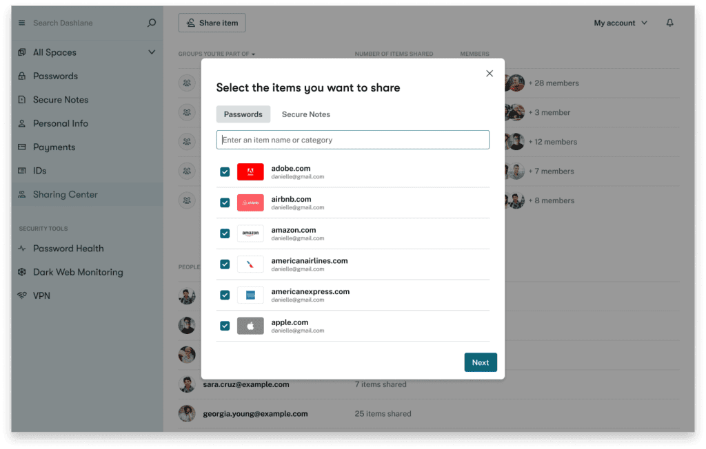 A screenshot of the Dashlane Secure Sharing portal.