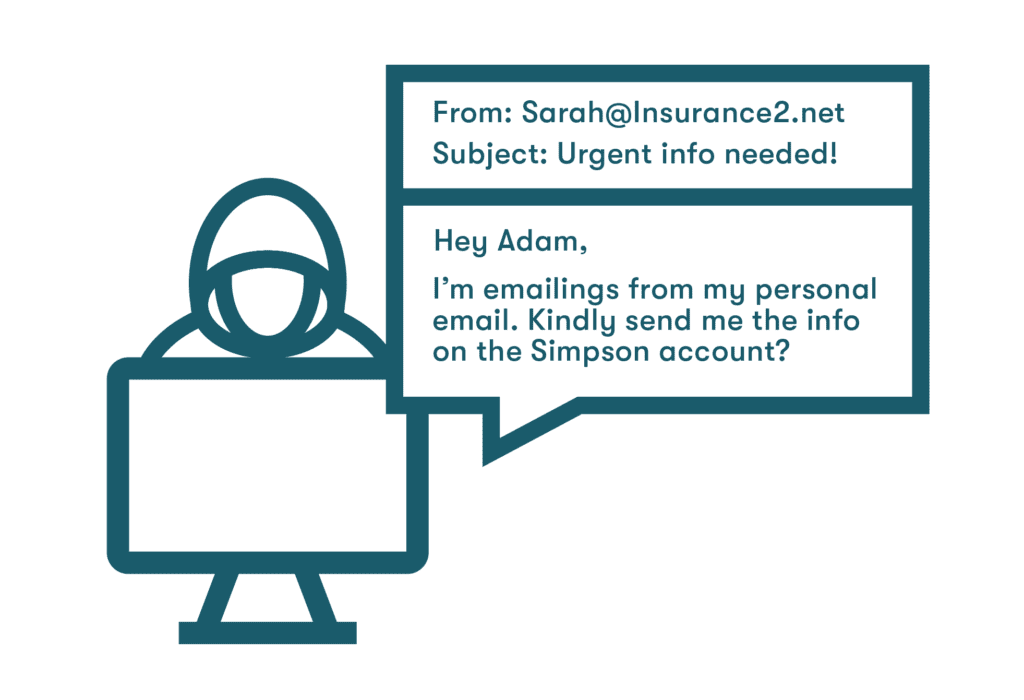 Graphic with an icon representing a cybercriminal sending a phishing email to an unsuspecting person. The email is from an unusual email address, has an urgent subject, and has poor grammar in the body.