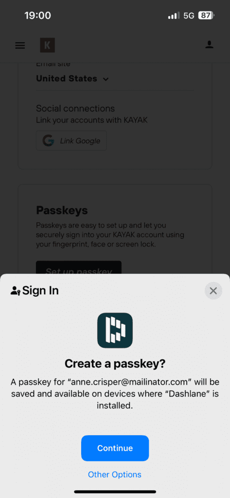 An image of Dashlane pop-up, asking the same user if they want to create and save a passkey for their Kayak.com account that will be available on devices where Dashlane is installed or if they want to select another option.