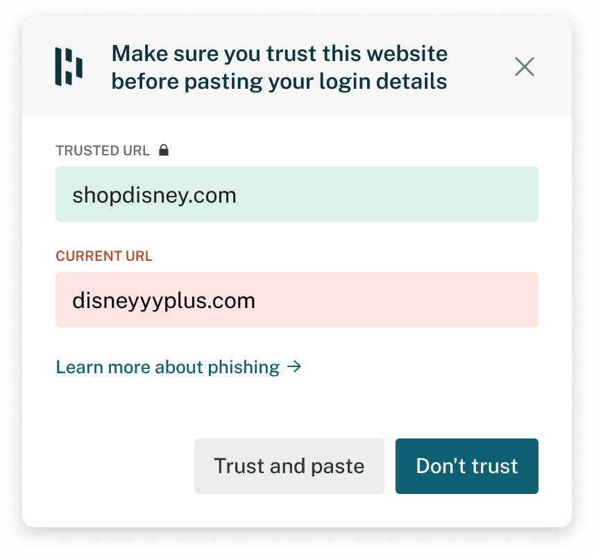 A screenshot of a phishing attempt alert from Dashlane says “Phishing attempt intercepted” at the top. There’s a short description about phishing attacks, the suspected phishing URL, the correct URL, and a button that takes you to the Dashlane password manager.